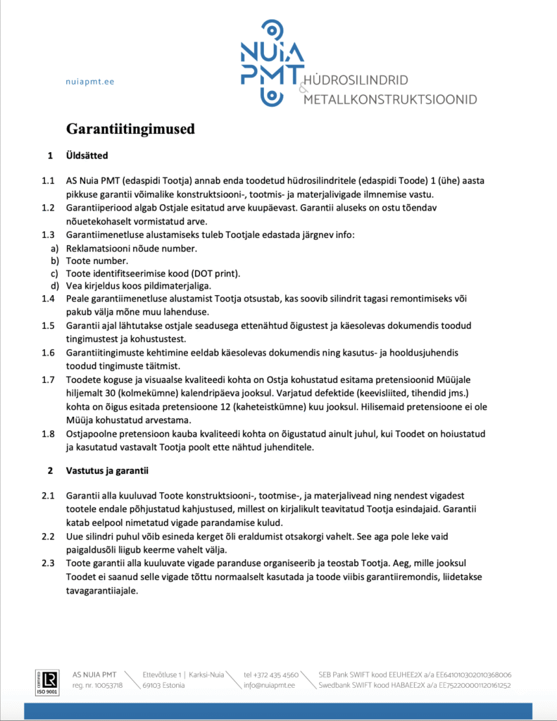 Nuia PMT hüdrosilindrite garantiitingimuste dokumendi esimene lehekülg, mis kirjeldab garantiiaega ja tingimusi.