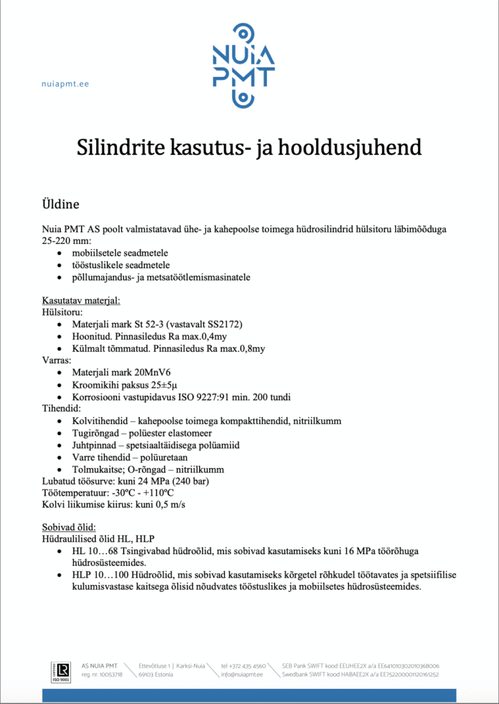 Nuia PMT hüdrosilindrite kasutus- ja hooldusjuhendi esimene lehekülg, kus on tehnilised andmed ja soovitused õlide kohta.